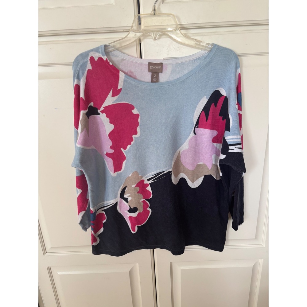 Chicos Floral Abstract Knit Sweater Blue Pink Navy Cotton Blend Size Large